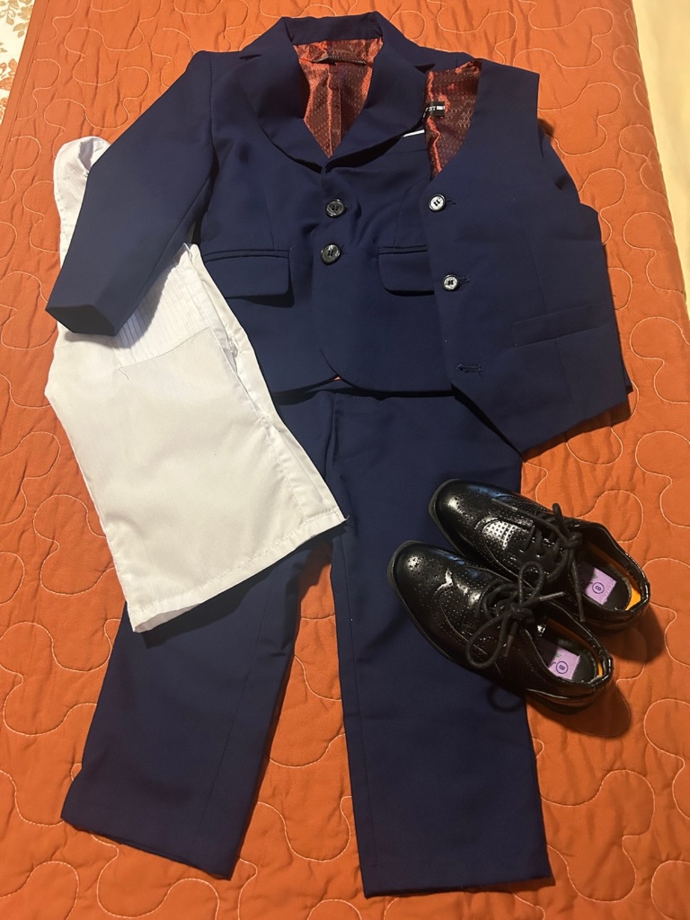 Worn1x Yuan Lu Boys Navy 3-Piece Tuxedo Suit - Size 3T & Shoes - Size 8 - Picture 6 of 10